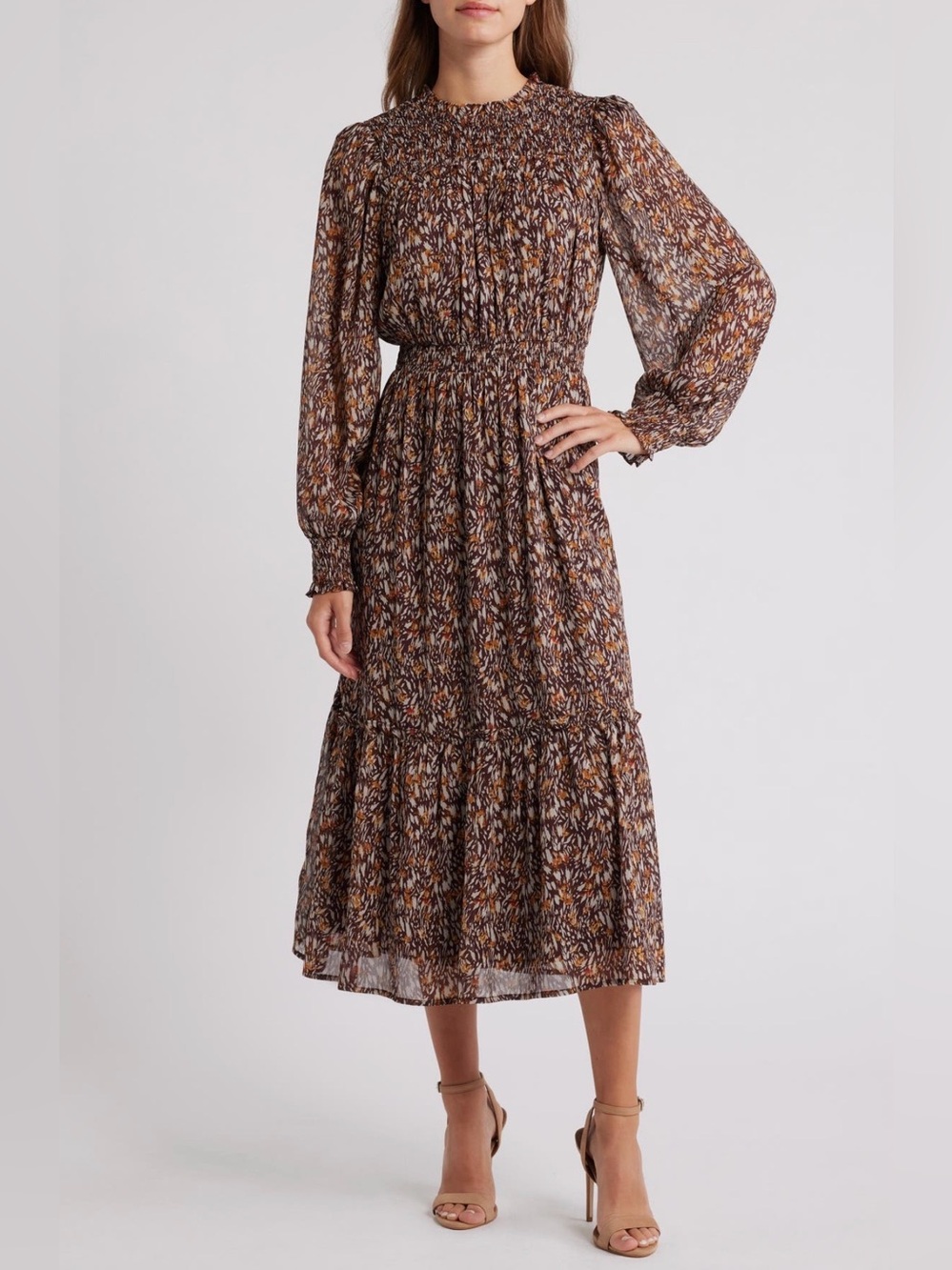 Mila Mae Smocked Tiered Long Sleeve Midi Dress, Medium